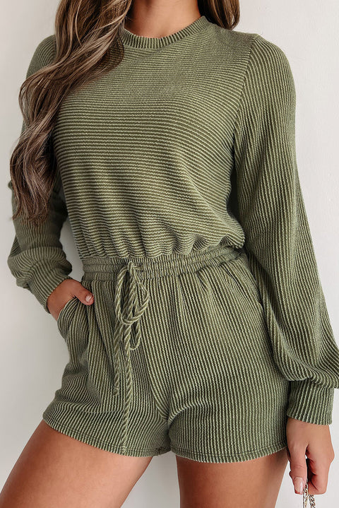 Pickle Green Corded Pullover Long Sleeve Drawstring Romper