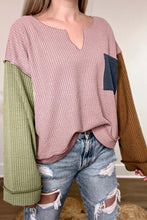 Pink Colorblock Rib Textured Loose Long Sleeve Top