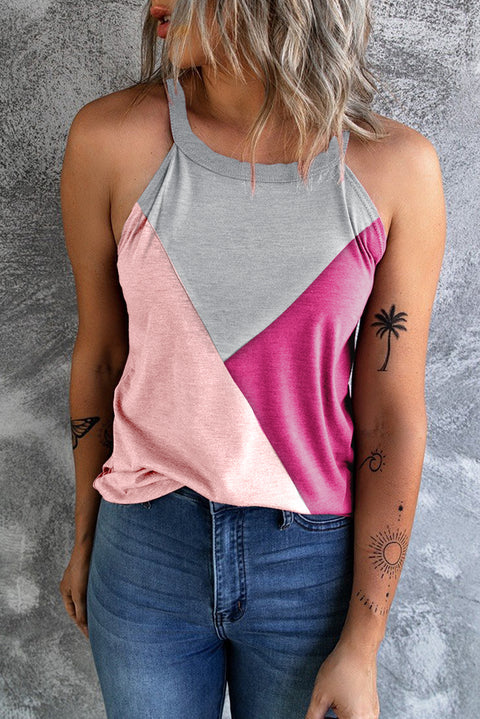 Rose Red Geometric Color Block Sleeveless Top