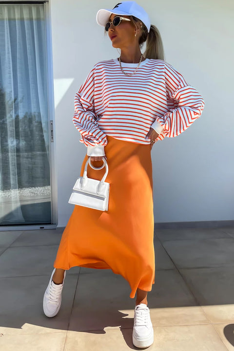 Orange Stripe Drop Shoulder Crew Neck Loose Sweatshirt