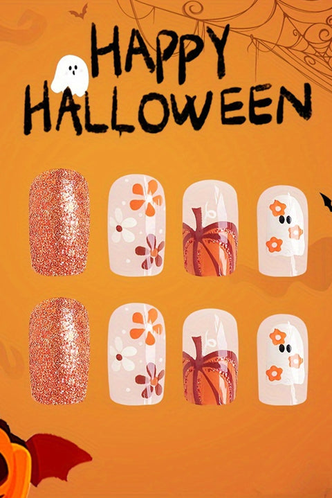 Orange Halloween Ghost Flower Glitter Square False Nail