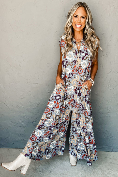 Sky Blue Floral Sleeveless Buttoned Pocketed Wide Leg Jumpsuit