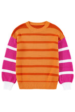 Orange Stripe Colorblock Crew Neck Drop Shoulder Loose Sweater