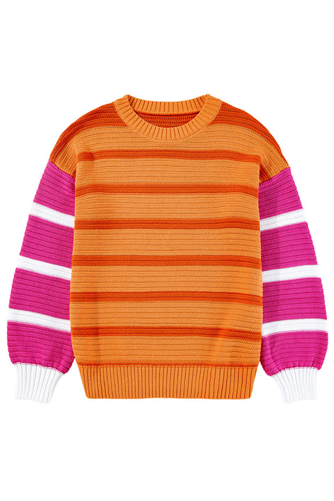 Orange Stripe Colorblock Crew Neck Drop Shoulder Loose Sweater