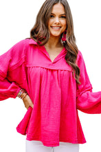 Rose Crinkle Collared V-Neck Bubble Sleeve Flowy Blouse