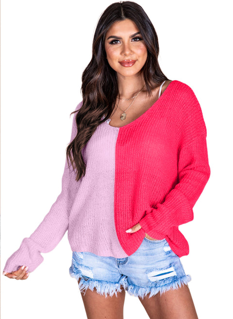 Pink Long Sleeve V-Neck Colorblock Sweater