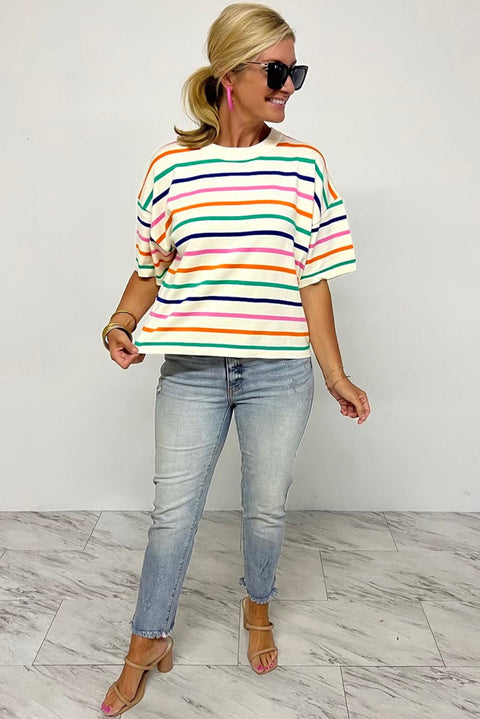 Beige Stripe Dropped Short Sleeve Boxy Fit Knitted Top