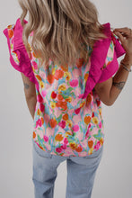 Pink Floral Layered Ruffle Flutter Sleeve Tie V Neck Blouse