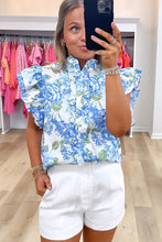 Sky Blue Floral Print Ruffle Sleeve Frilly Button Up Shirt