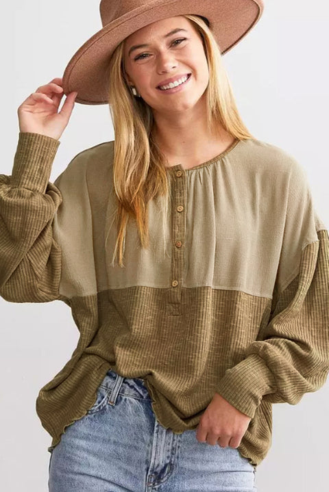 Khaki Ribbed Patchwork Drop Shoulder Buttoned Neckline Blouse