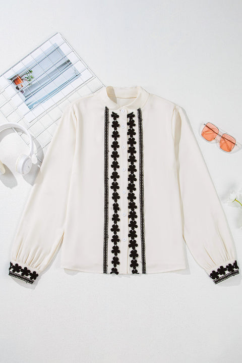 Beige Floral Embroidered Stand Neck Buttoned Shirt