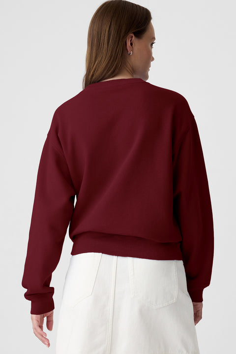 Burgundy Solid Fleece Lined Drop Shoulder Terry Sweatshirt