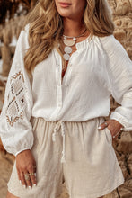 White Embroidered Textured Buttoned Crew Neck Shirt