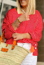 Orange Stripe Plus Size Drop Shoulder Long Sleeve Buttoned Decor Top