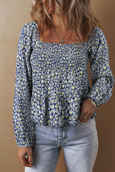 Blue Boho Floral Print Smocked Square Neck Loose Fit Blouse