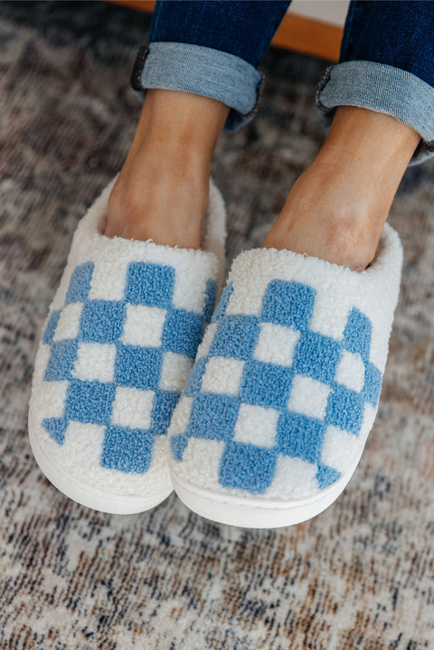 Light Blue Checkered Print Fuzzy Slip On Winter Slippers