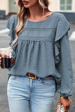 Black Lace Eyelet Ruffle Shoulder Long Sleeve Blouse