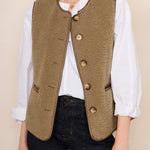 Camel Leather Contrast Side Pockets Buttoned Fleece Vest