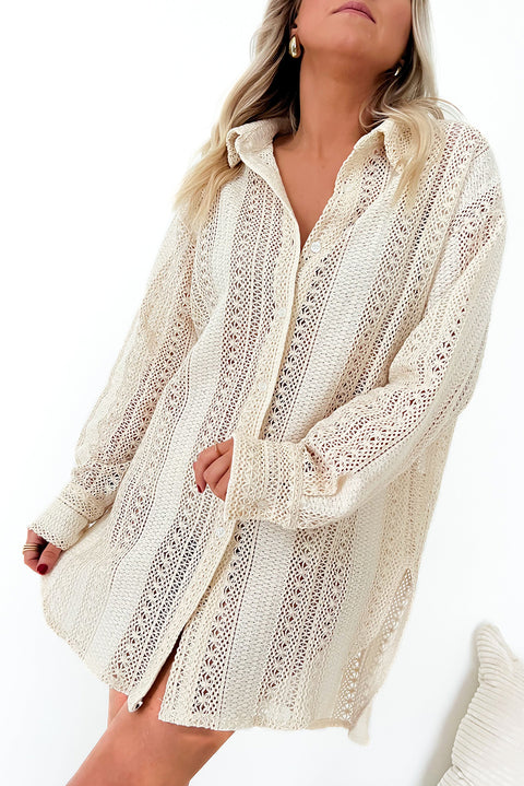 Beige Lace Crochet Collared Tunic Oversized Shirt