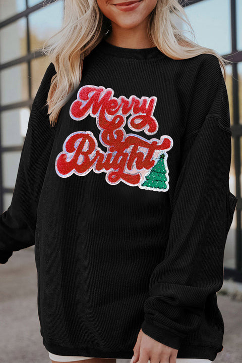 Black Merry & Bright Christmas Tree Pattern Corded Baggy Sweatshirt