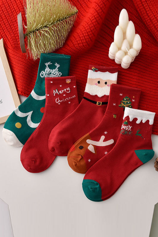 Rojo ardiente 5 pares de calcetines con estampado de dibujos animados navideños festivos