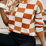 Orange Checkered Ribbed Edge O Neck Drop Shoulder Sweater