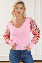 Pink Contrast Sequin Sleeve V Neck Ribbed Knit Sweater