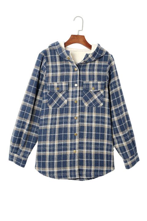 Blue Plaid Pattern Sherpa Lined Hooded Shacket