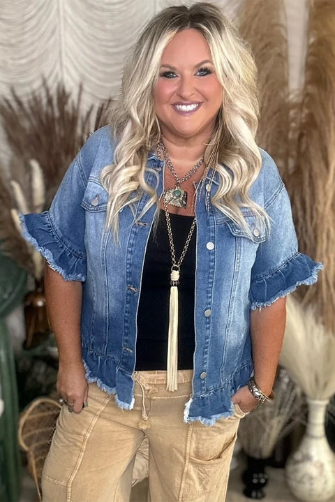 Peacock Blue Ruffled Frayed Short Sleeve Plus Size Denim Jacket