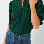 Blackish Green Solid Puff Sleeve Frilled Trim Elegant Blouse