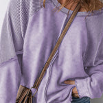 Orchid Petal Textured Patchwork Frilled Trim Plus Size Pullover Sweatshirt