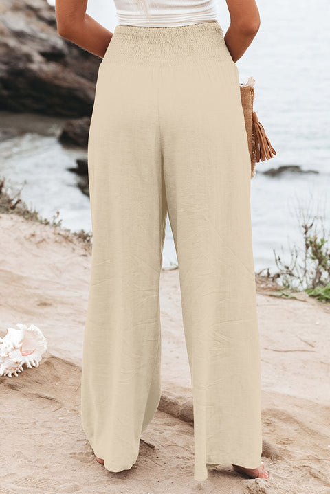 Khaki Smocked Wide Waistband High Waist Wide Leg Pants