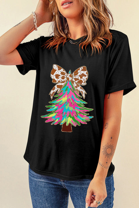 Black Heat Transfer Printing Christmas Tree Bowknot T-Shirt