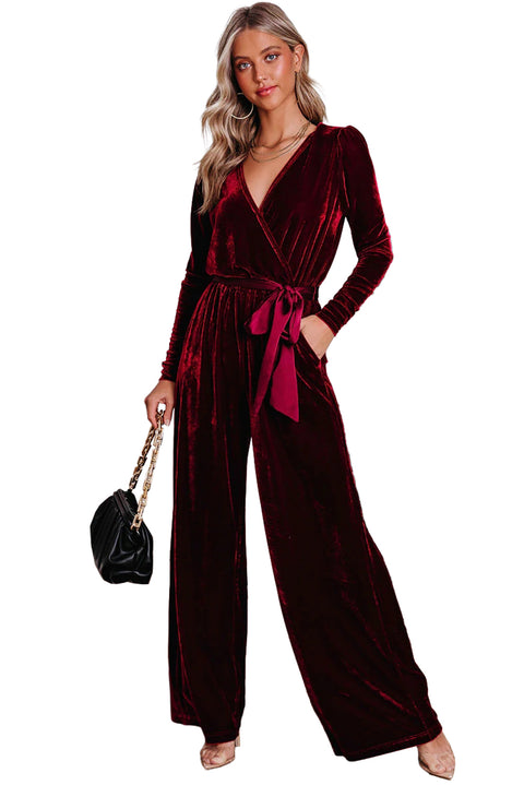 Fiery Red Velvet Pocketed Cut out Back Wide Leg Jumpsuit