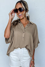 Simply Taupe Collared Half Buttons Folded Short Sleeve Oversize Top