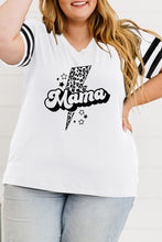 White Leopard Bolt Mama Varsity Striped Sleeve Plus V Neck Tee