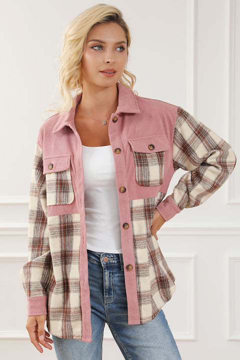 Plaid Corded Patchwork Flap Pocket Shacket