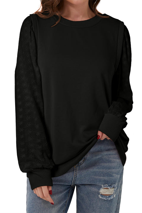 Black Textured Patchwork Round Neck Sweatshirt