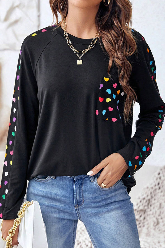 Black Valentine\'s Day Love Hearts Raglan Sleeve Top