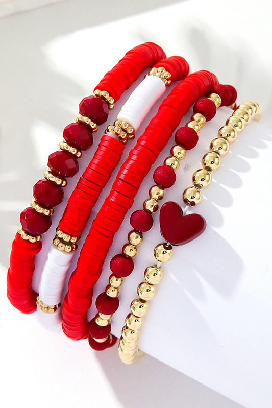 Fiery Red Heart Beaded Multi Layered Elastic Bracelet Set