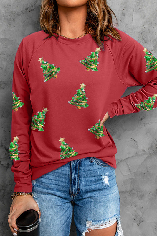 Sudadera roja con manga raglán y árbol de Navidad con lentejuelas