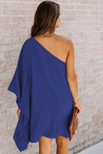 Blue Solid Color One Shoulder Batwing Sleeve Mini Dress