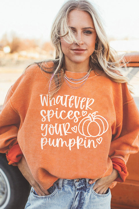 '-3 Pumpkin Letter Print Oversized Corduroy Sweatshirt