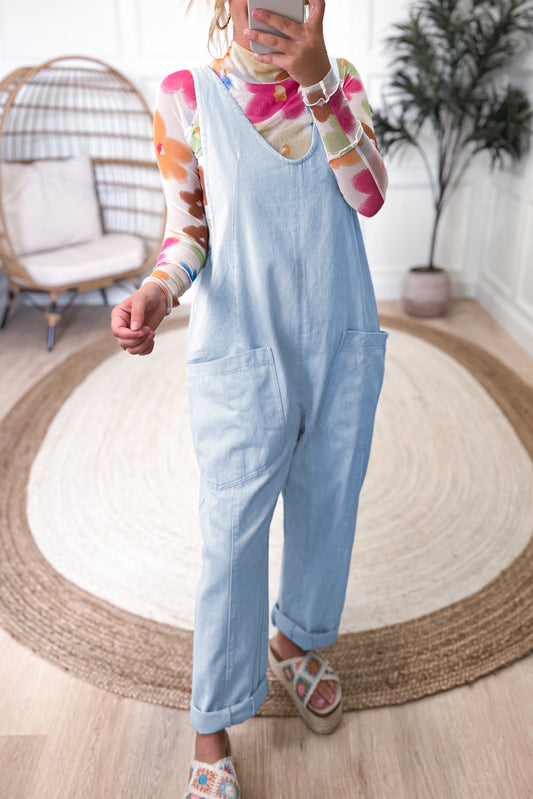 Beau Blue Adjustable Strap V Neck Pocketed Denim Overalls