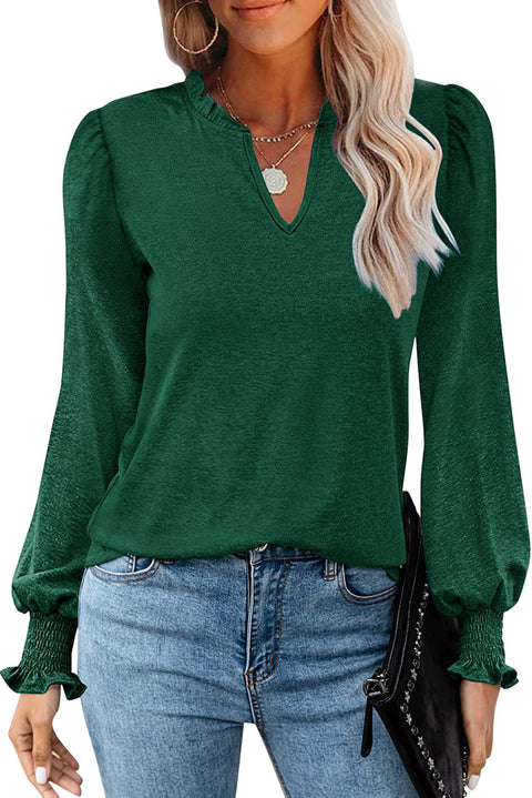 Frill V Neck Puff Long Sleeve Top