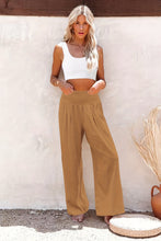 Khaki Smocked Wide Waistband High Waist Wide Leg Pants