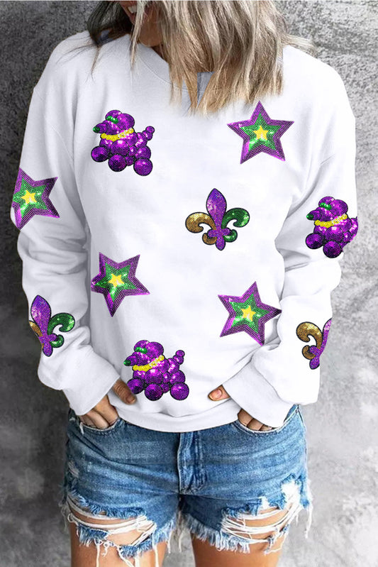 White Sequin Mardi Gras Element Graphic Crewneck Sweatshirt