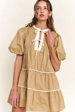 Pale Khaki Contrast Trim Pintuck Puff Sleeve Tied Neck Short Dress