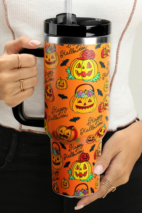 Orange Halloween Pumpkin Print Handle Large Tumbler 40oz