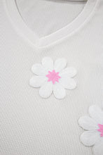 White Flower Applique Texture Knitted V Neck Top